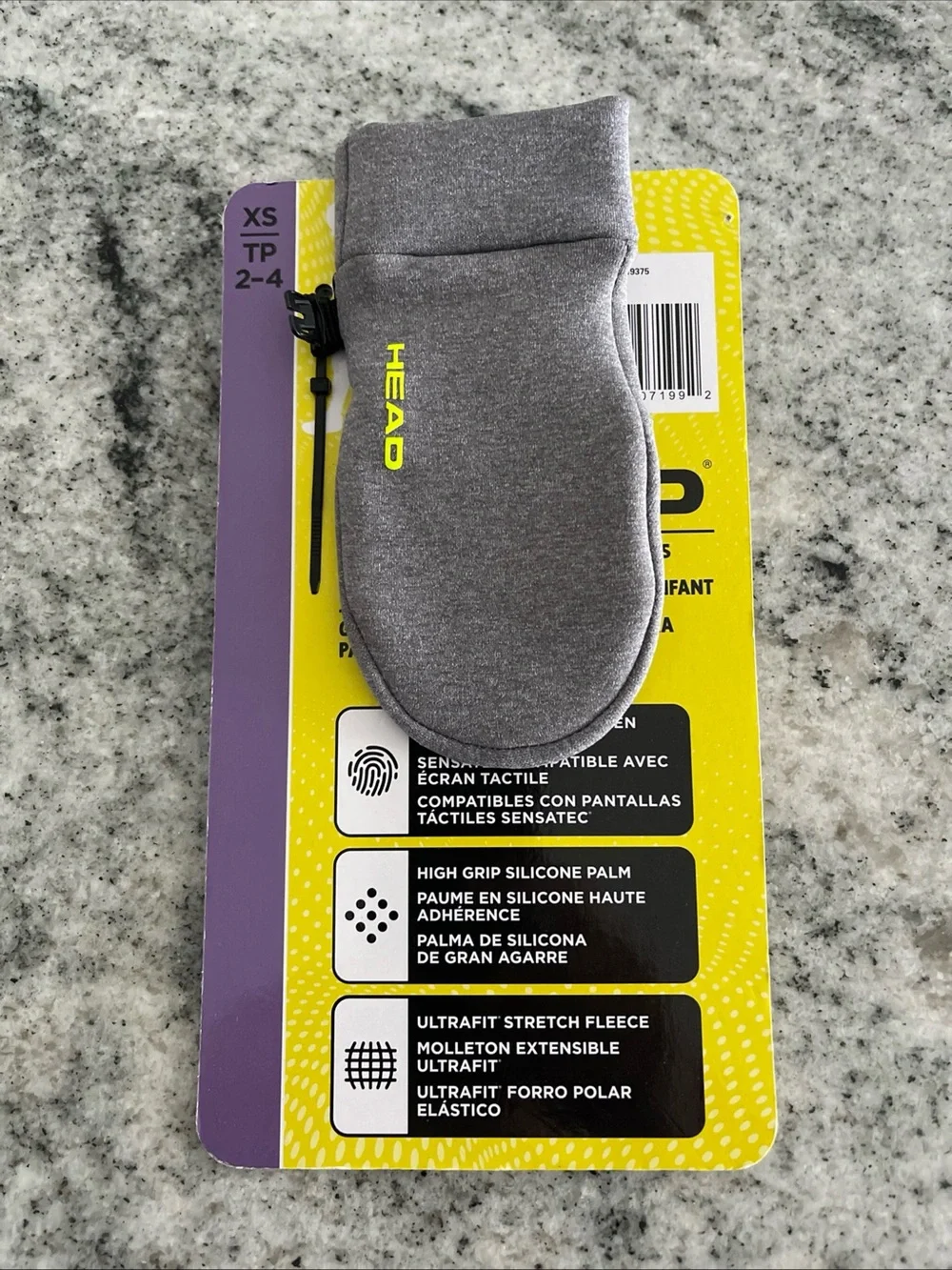 Head Gray Metallic XS kids touchscreen gloves with Neon Yellow Logo xs tp 2-4